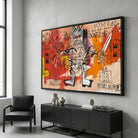 Tableau Basquiat avec figure de guerrier sur fond rouge orangé