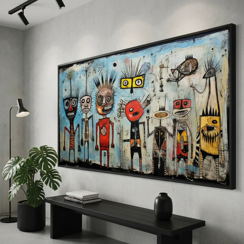 Tableau Basquiat avec figures tribales rouges noires et jaunes