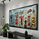 Tableau Basquiat avec figures tribales rouges noires et jaunes