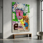 Tableau Basquiat avec fond vert orange jaune et bleu