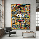 Tableau Basquiat avec grand crâne central et halo jaune