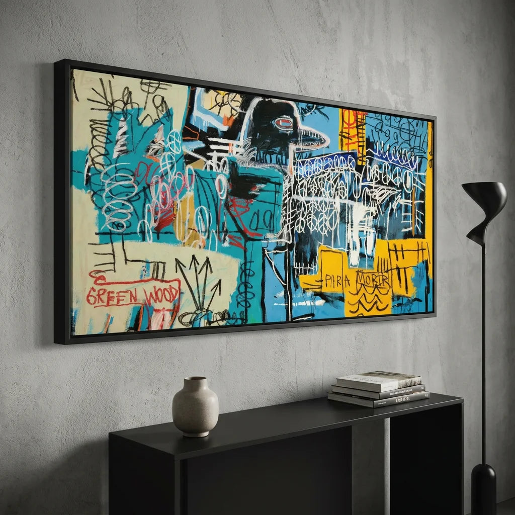 Tableau Basquiat avec oiseau noir sur fond bleu turquoise
