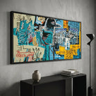 Tableau Basquiat avec oiseau noir sur fond bleu turquoise
