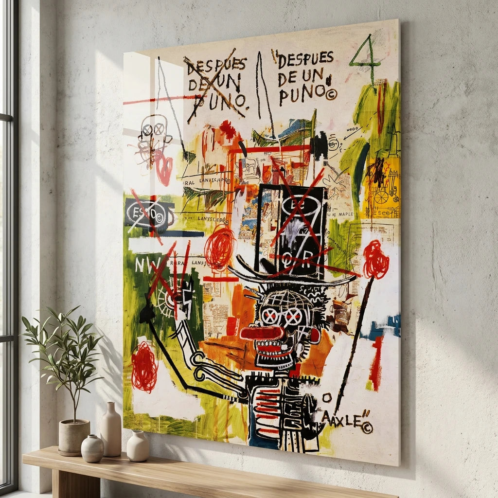 Tableau Basquiat avec personnage squelette et écritures manuscrites