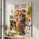Tableau Basquiat avec personnage squelette et écritures manuscrites