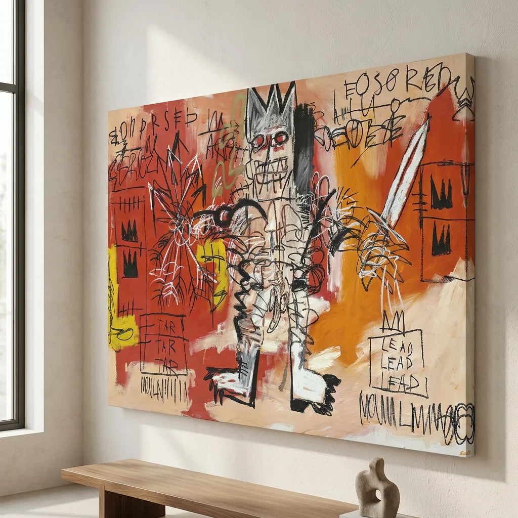 Tableau Basquiat avec personnage tribal et couronne graphique