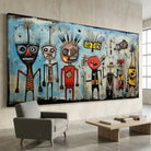 Tableau Basquiat avec personnages naïfs et fond bleu pâle