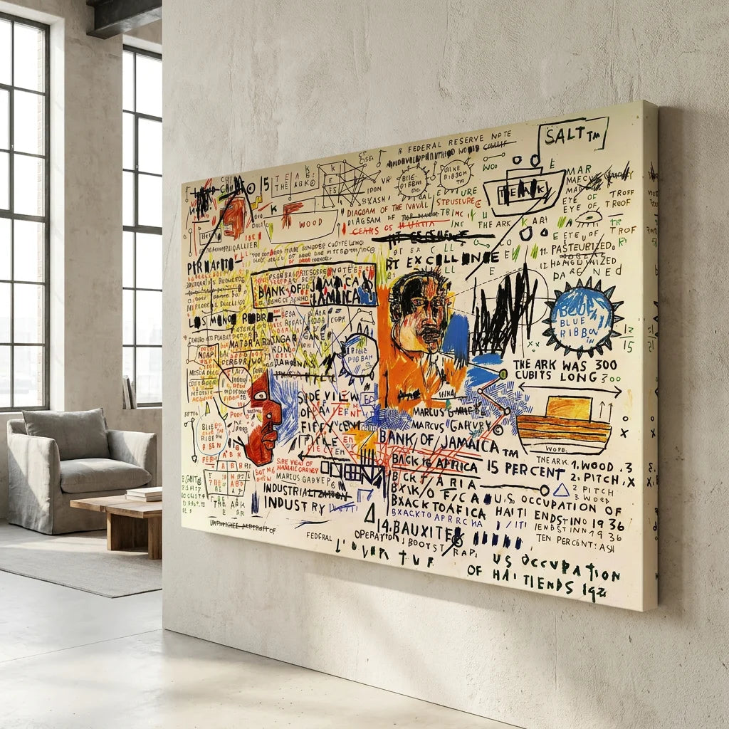 Tableau Basquiat avec portrait et références Bank of Jamaica