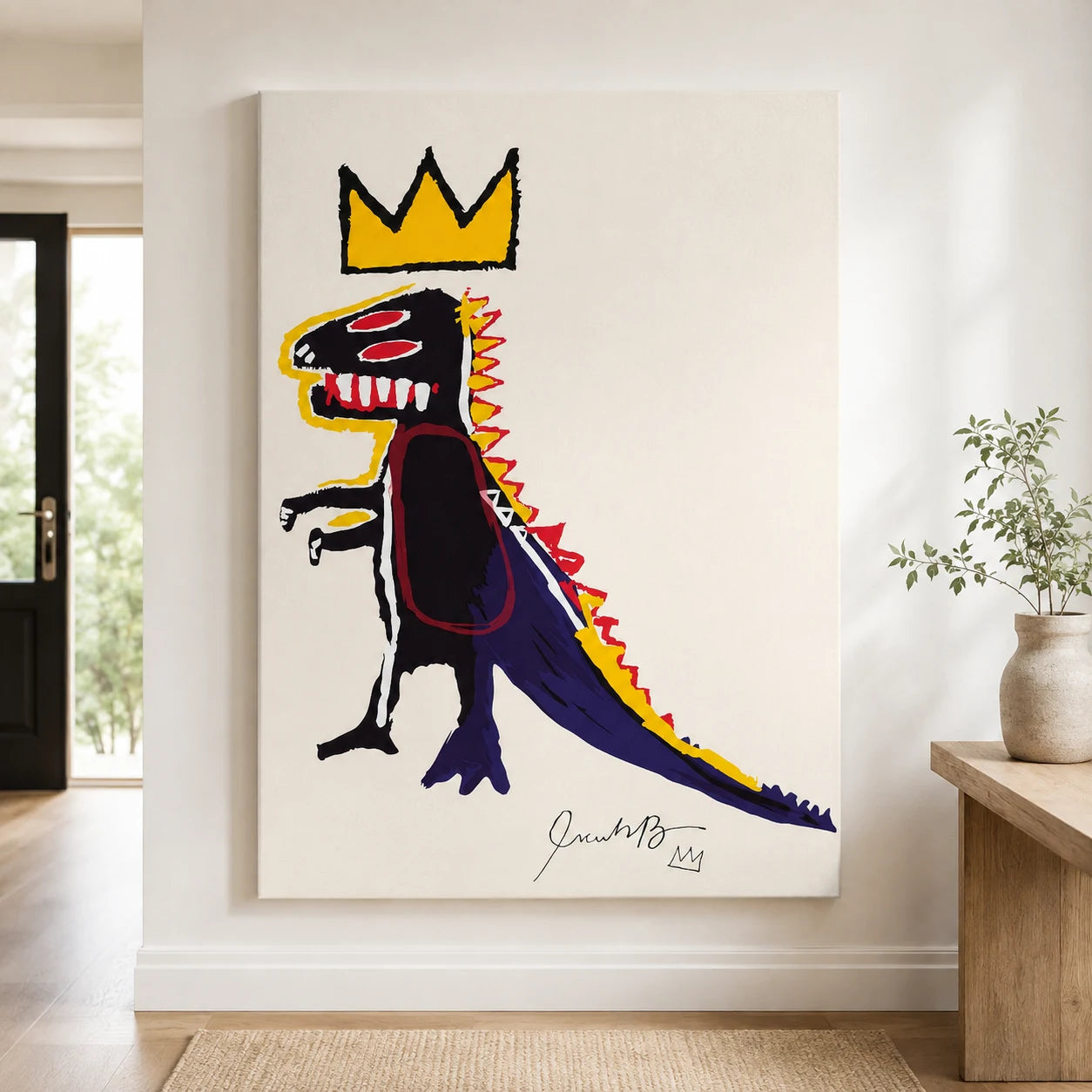 Tableau Basquiat dinosaure couronne jaune Street Art
