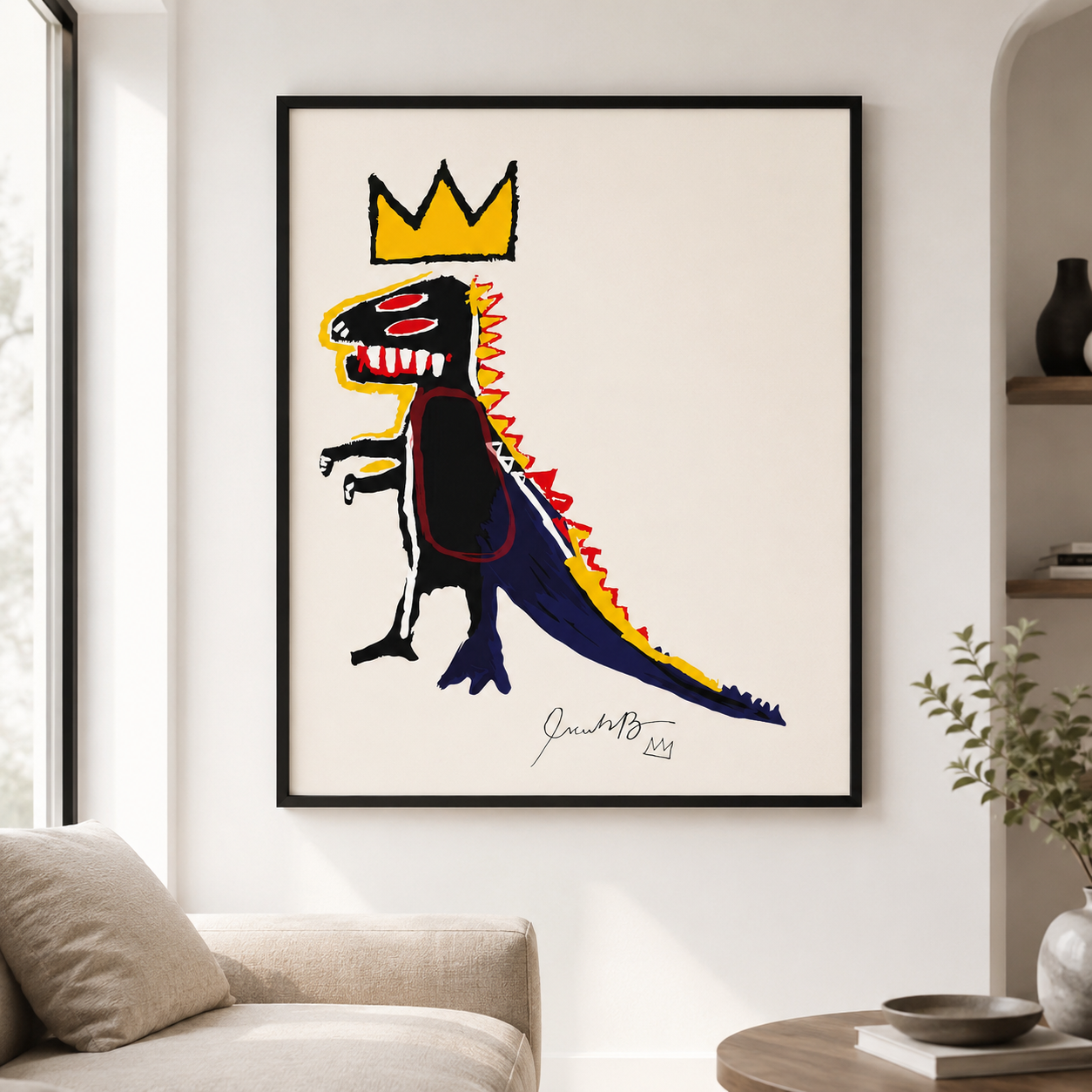 Tableau Basquiat dinosaure noir rouge jaune et bleu
