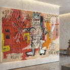 Tableau Basquiat horizontal avec guerrier et écritures graphiques