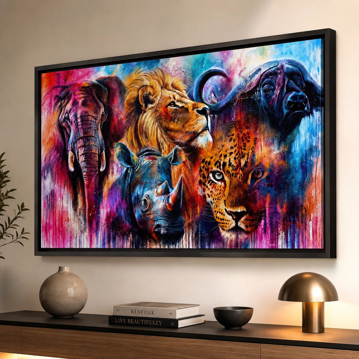 Tableau Big Five africain peinture abstraite colorée