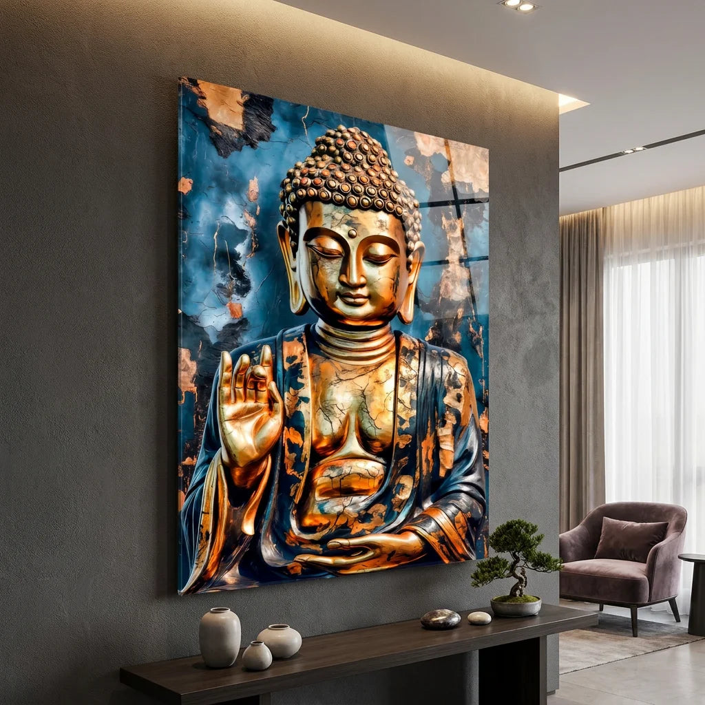 Tableau Bouddha Doré - 40x60cm / PleTableau Bouddha Doré accroché dans un salon moderne au style zen et élégant.xiglas - Tableau Street Art