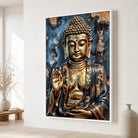 Tableau Bouddha avec cadre flottant blanc dans une décoration minimaliste