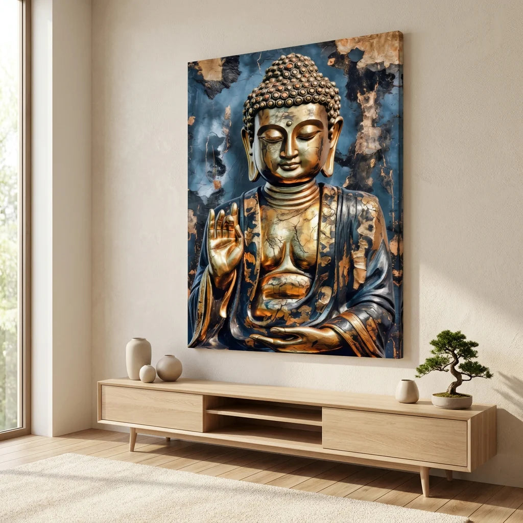Tableau Bouddha doré moderne avec détails artistiques et ambiance zen contemporaine.