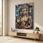 Tableau Bouddha doré moderne avec détails artistiques et ambiance zen contemporaine.