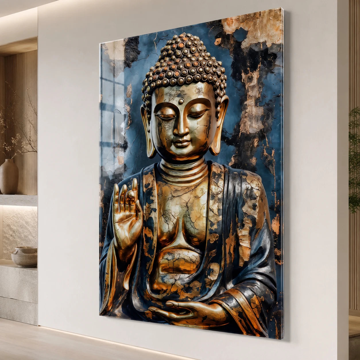 Tableau Bouddha en Plexiglas brillant avec léger reflet