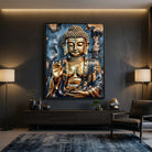 Tableau Bouddha moderne avec cadre flottant noir dans un intérieur contemporain haut de gamme.