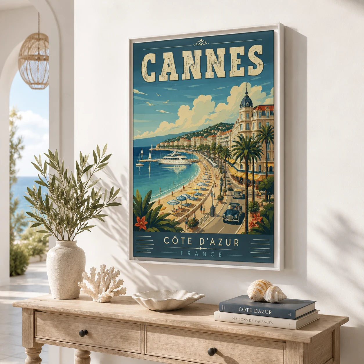 Tableau Cannes Côte d’Azur avec cadre flottant blanc – décoration Riviera