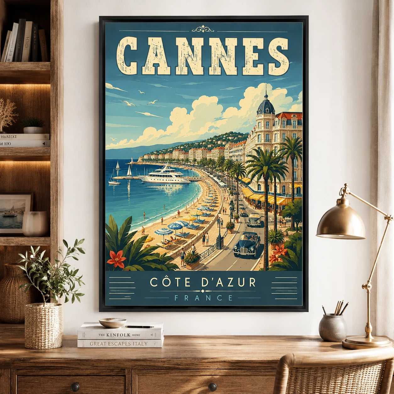 Tableau Cannes Côte d’Azur avec cadre flottant noir – style rétro