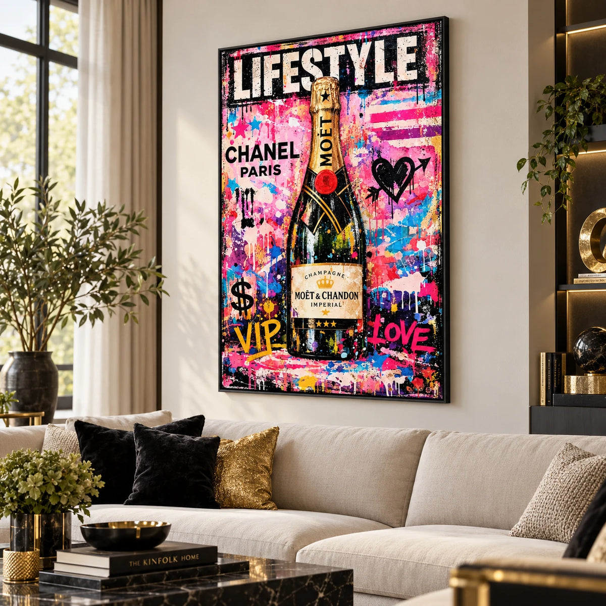 Tableau Champagne Street Art avec bouteille dorée sur fond graffiti coloré