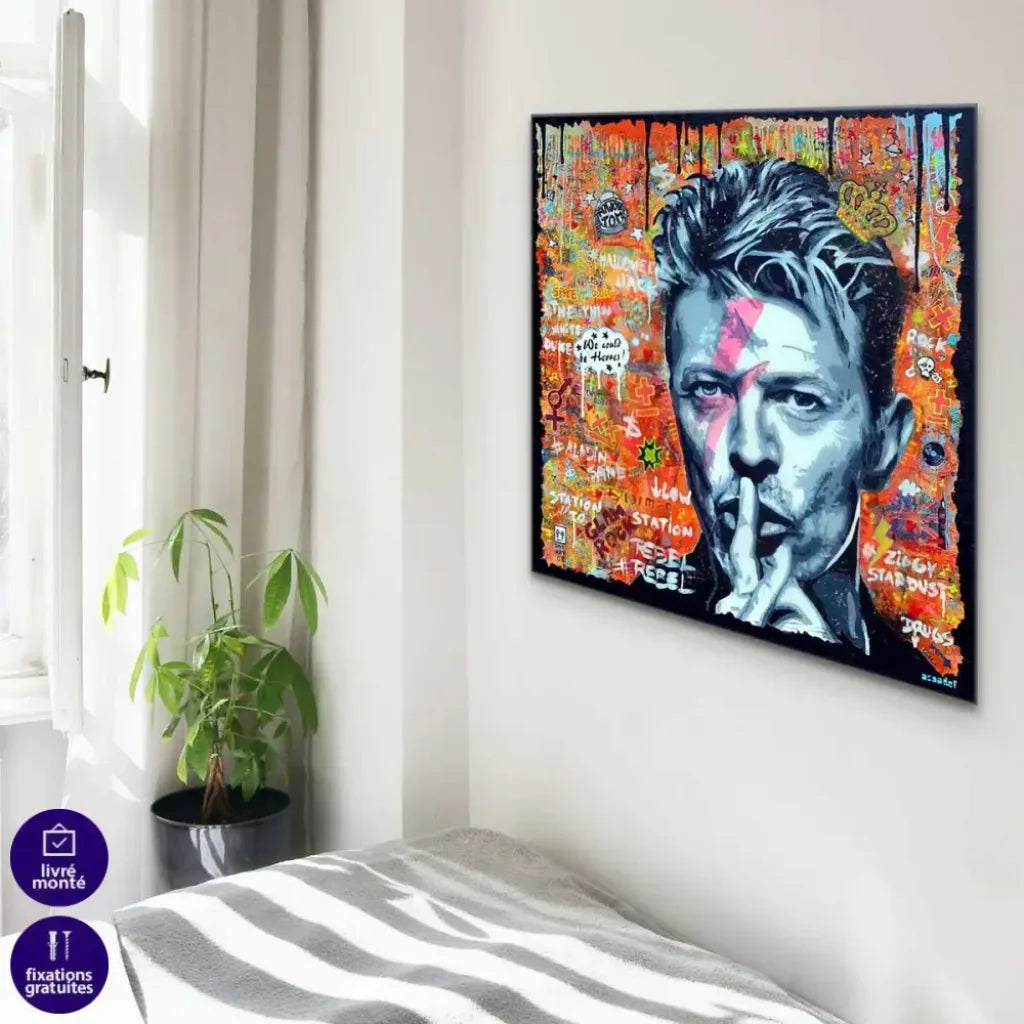 Tableau David Bowie Street Art avec cadre flottant noir – finition premium moderne