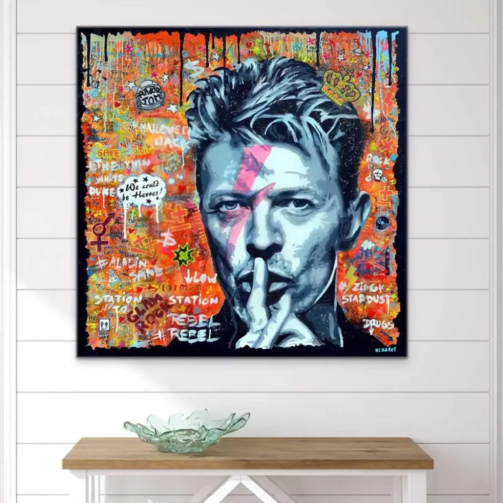 Tableau David Bowie Street Art – portrait carré graffiti orange et rose, format 40x40 à 135x135 cm