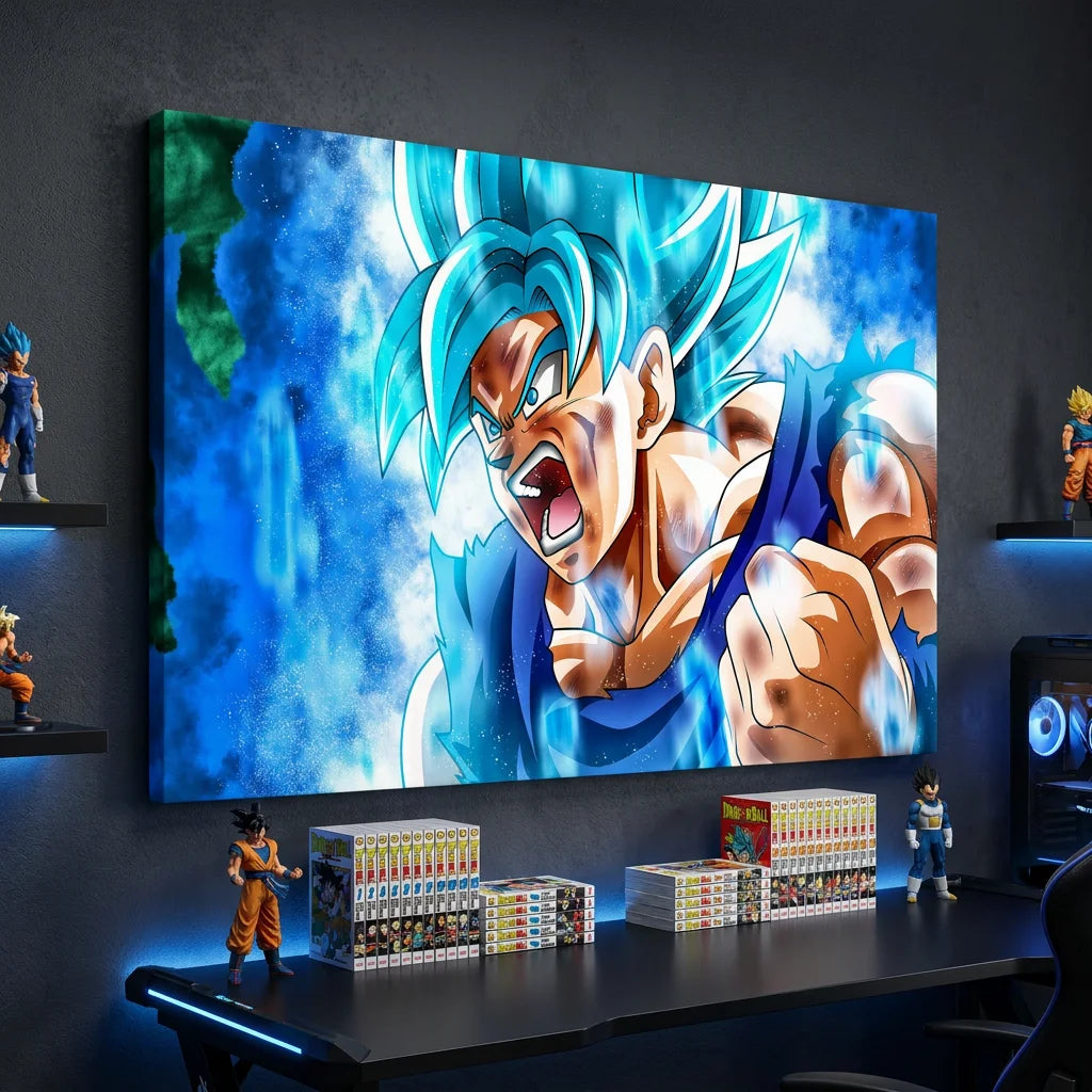 Tableau Dragon Ball Fureur de Goku avec aura bleue explosive