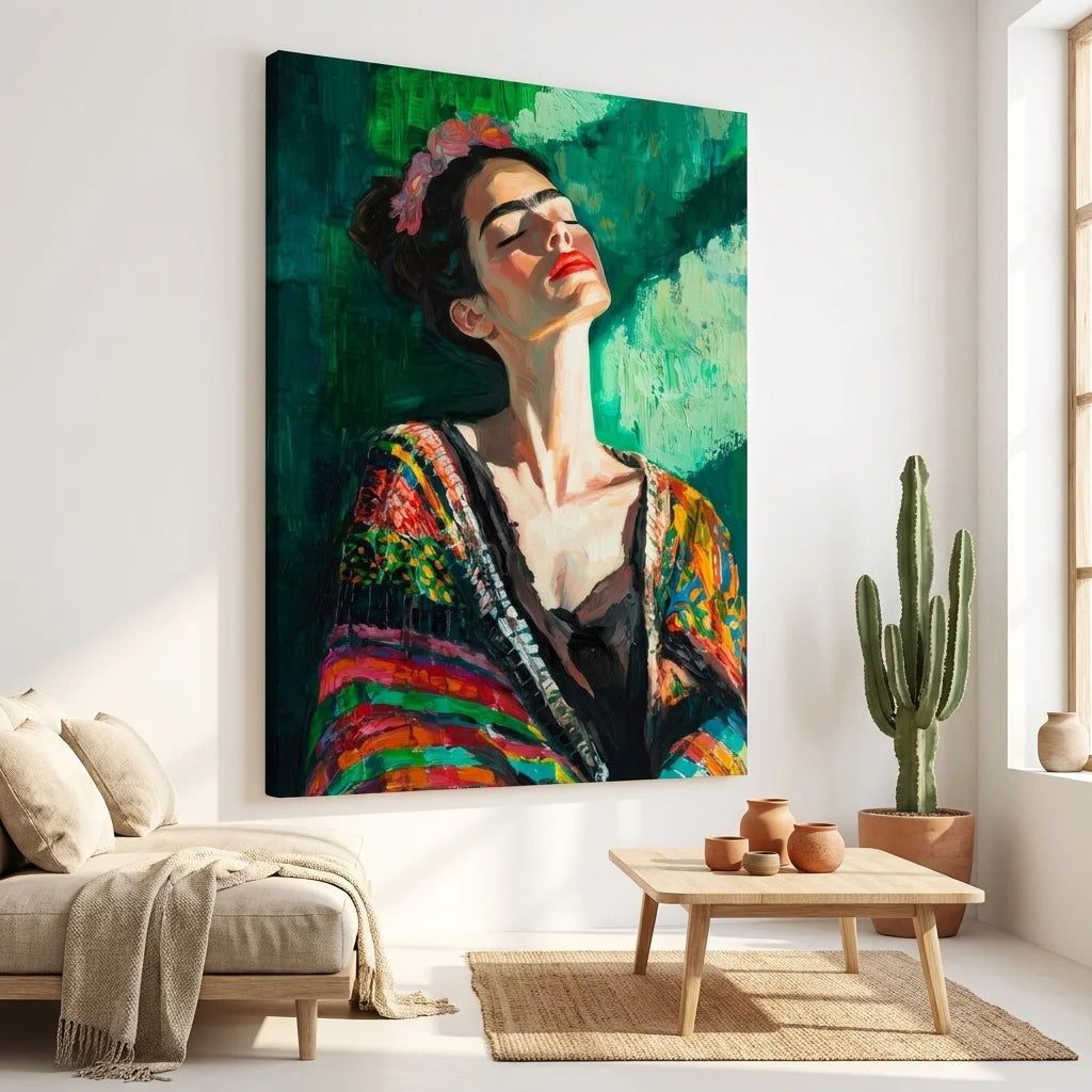 Tableau Frida Kahlo bohème chic fond vert émeraude