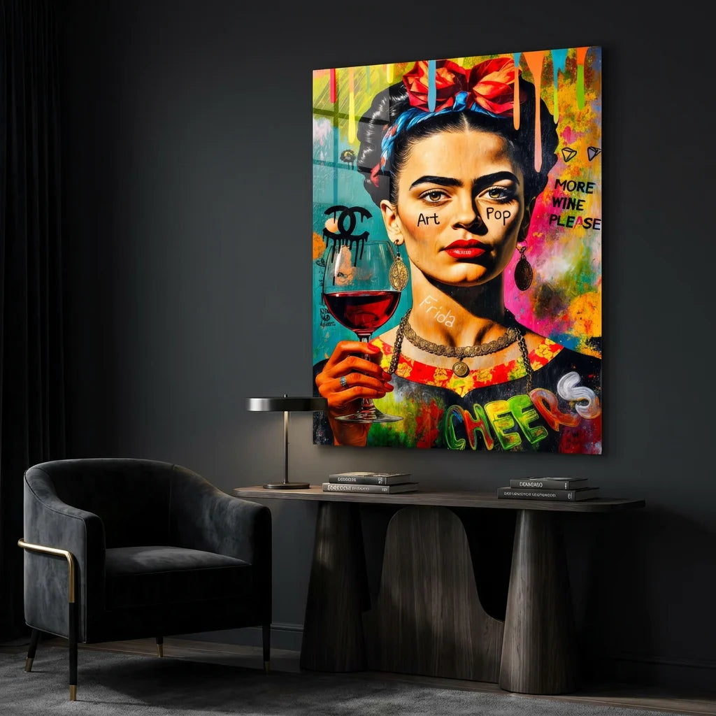 Tableau Frida Kahlo pop art moderne avec couleurs vives et style graffiti urbain contemporain.