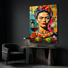 Tableau Frida Kahlo pop art moderne avec couleurs vives et style graffiti urbain contemporain.
