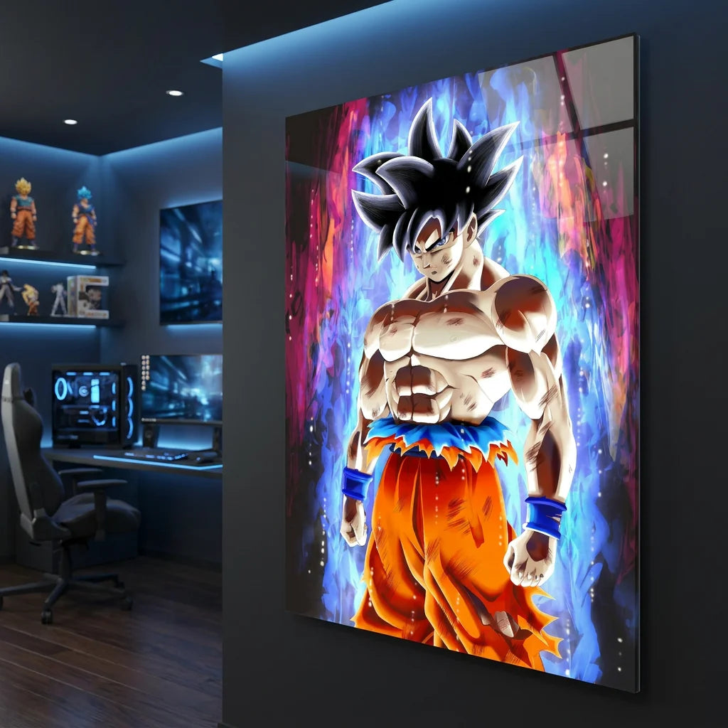 Tableau Goku avec flammes bleues et violettes