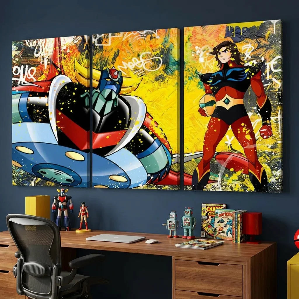 Tableau Goldorak Actarus triptyque décoration manga rétro