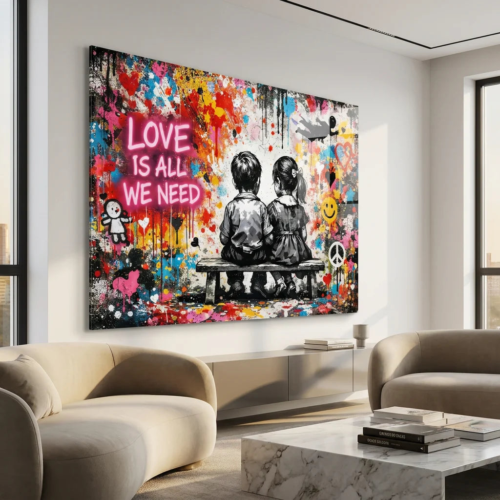 Tableau Graffiti Couple Enfants imprimé sur plexiglas brillant avec effet galerie moderne.