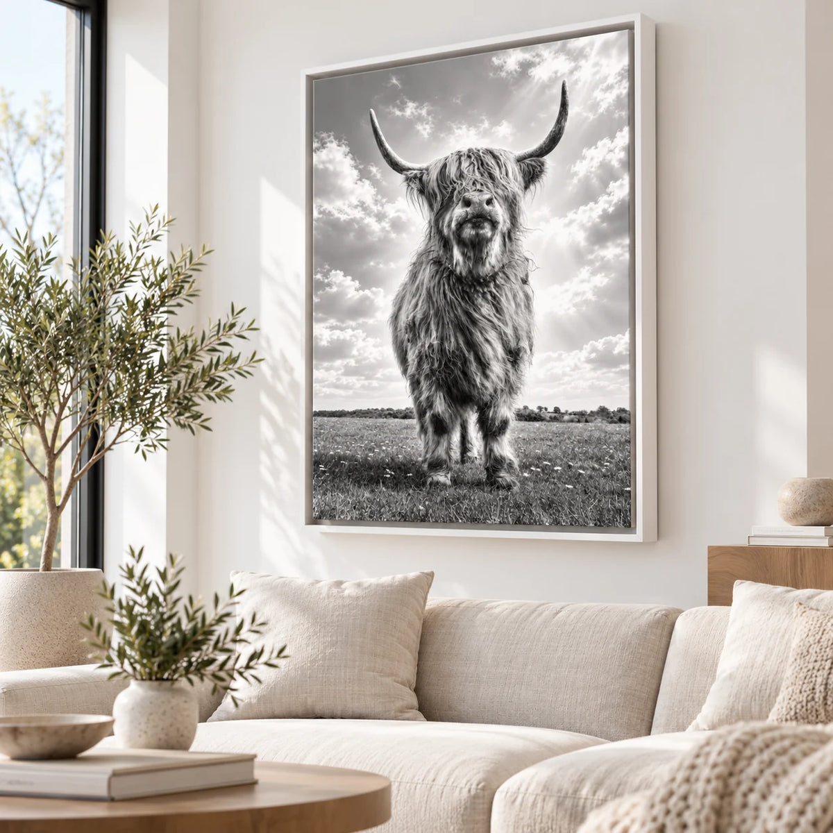 Tableau Highland avec cadre flottant blanc 