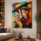 Tableau Homme Cubiste Coloré sur toile tendue dans un salon moderne