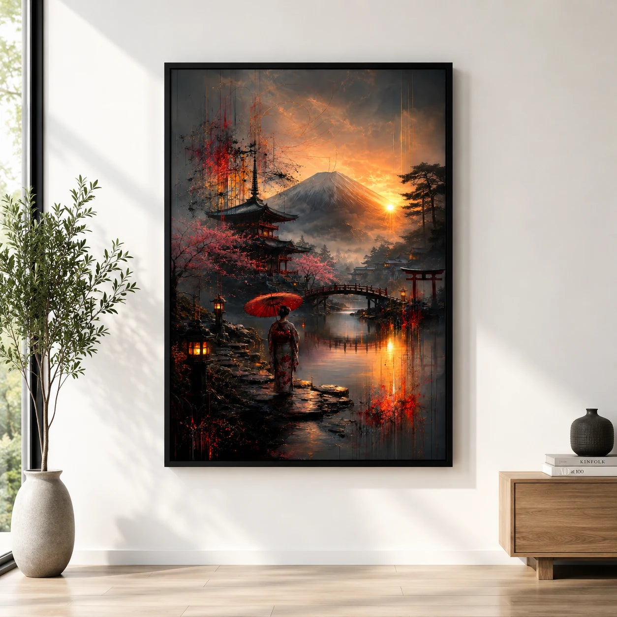 Tableau Japon Sakura Mont Fuji et pont japonais