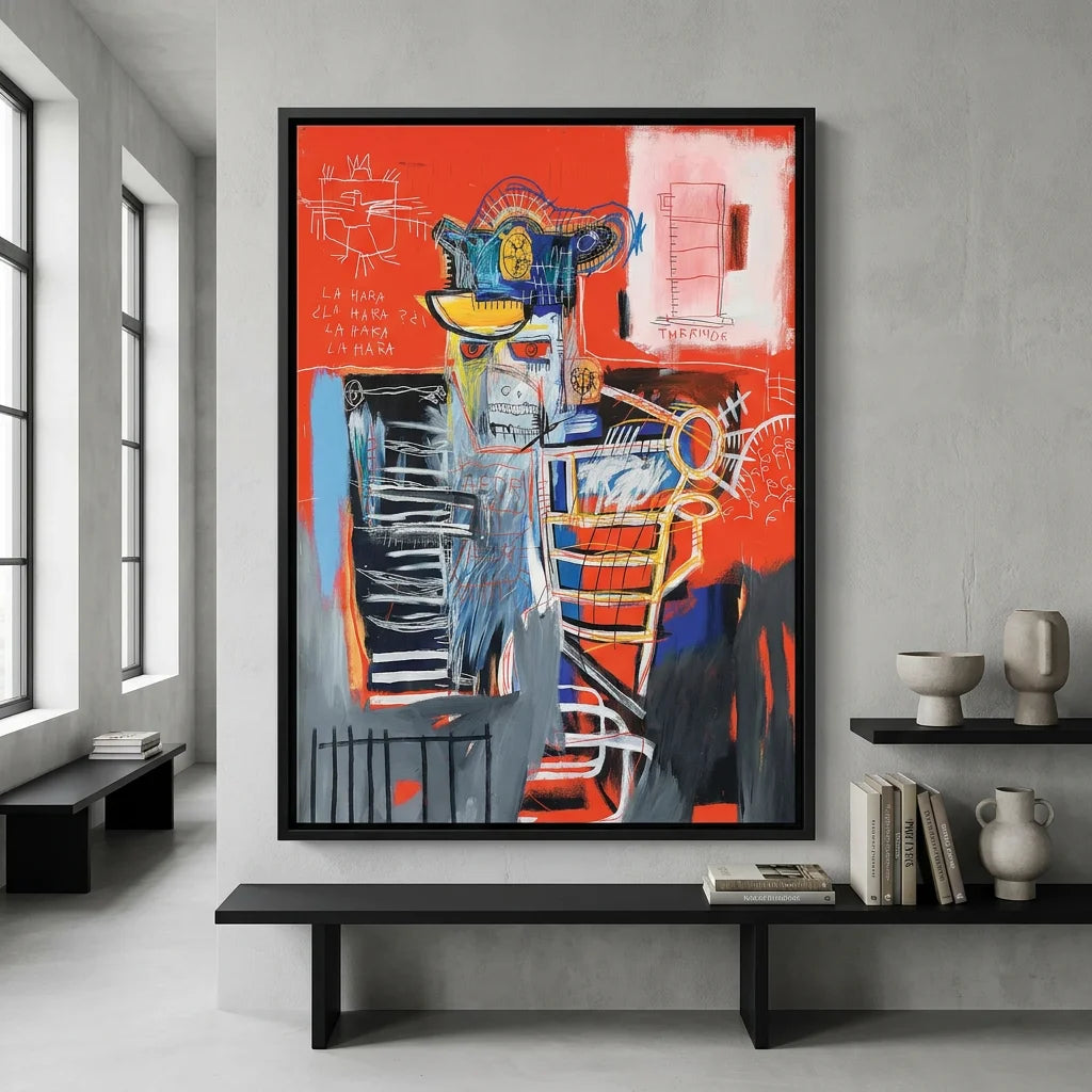 Tableau Jean Michel Basquiat avec personnage abstrait et fond rouge