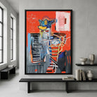 Tableau Jean Michel Basquiat avec personnage abstrait et fond rouge
