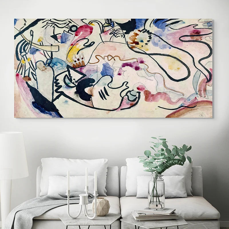 Tableau Kandinsky Aquarell Nr. 8 au-dessus d’un canapé clair