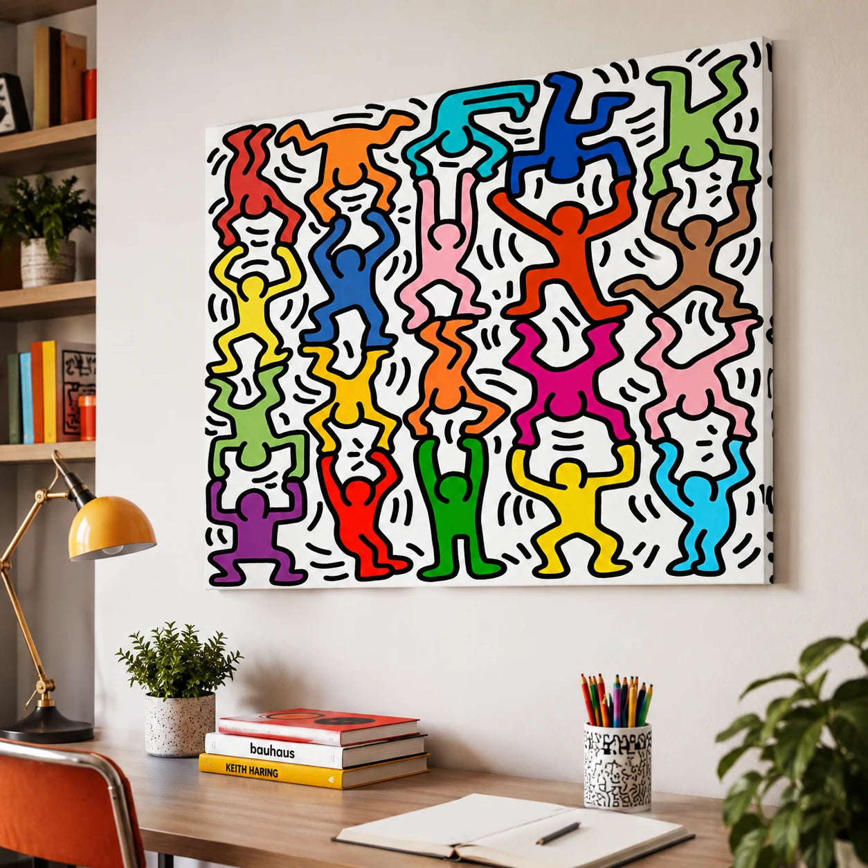 Tableau Keith Haring personnages acrobates multicolores
