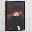 Tableau La Femme au Chapeau Klimt en cadre flottant noir, effet galerie moderne