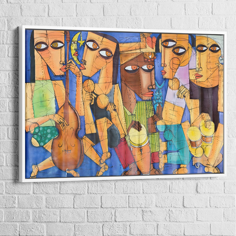 Tableau Les Rythmes du Soleil avec cadre flottant blanc – déco lumineuse et moderne