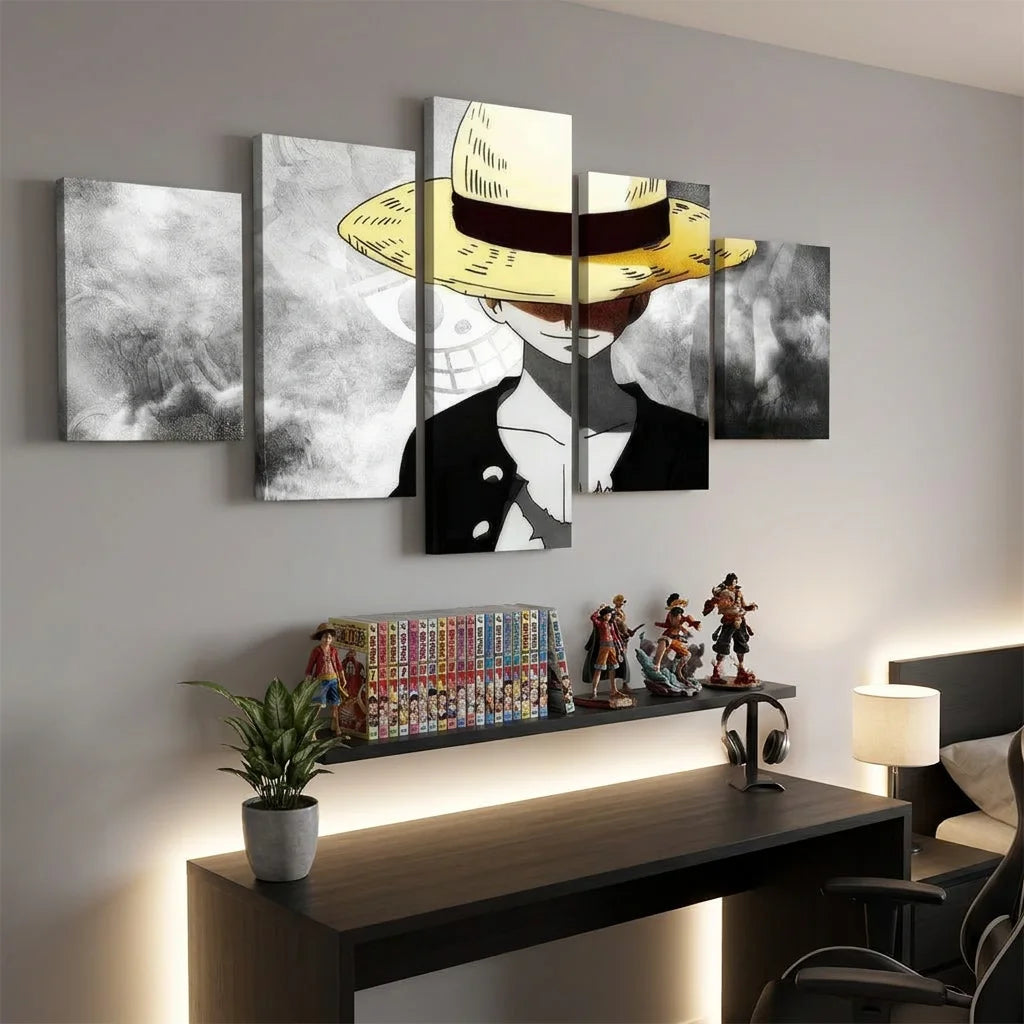 Tableau Luffy One Piece en 5 panneaux avec chapeau de paille
