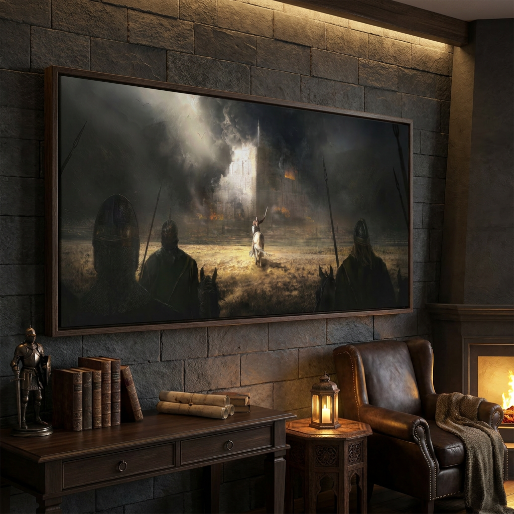 Tableau Minas Tirith avec château assiégé et cavaliers