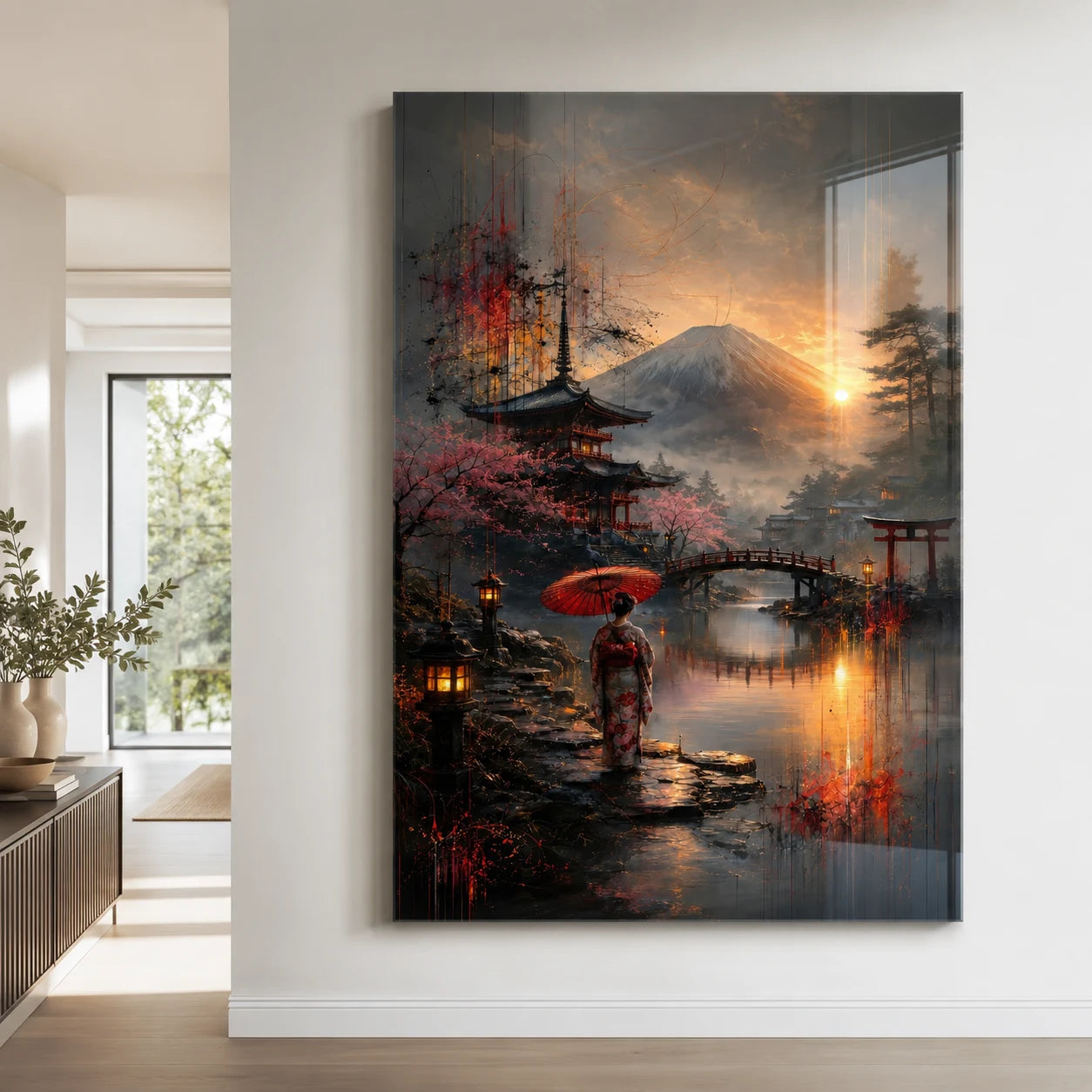Tableau Mont Fuji avec geisha et cerisiers japonais