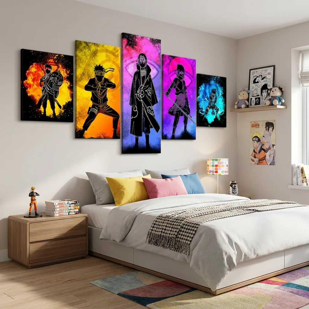Tableau Naruto 5 parties avec silhouettes de shinobi
