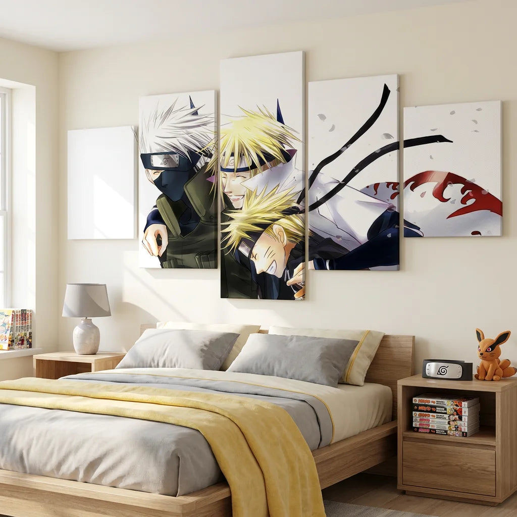 Tableau Naruto 5 parties ensemble avec Kakashi, Minato et Naruto