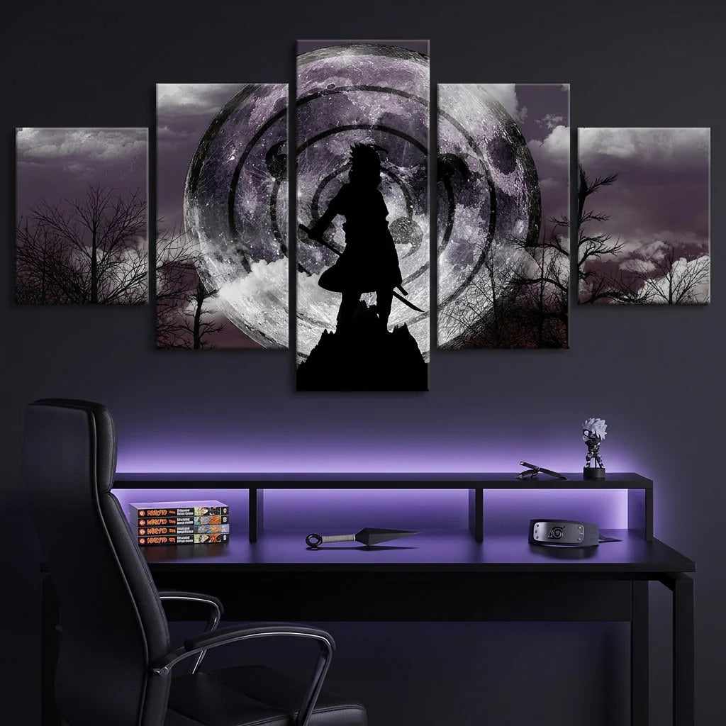 Tableau Naruto avec lune géante et silhouette ninja