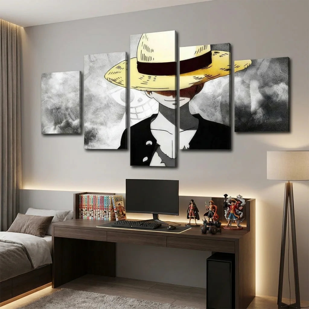 Tableau One Piece LUFFY 5 panneaux style manga noir et blanc